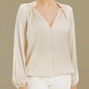 Max Studio Matte Satin Blouse Knotted Detail Balloon Sleeve V-Neck Pullover